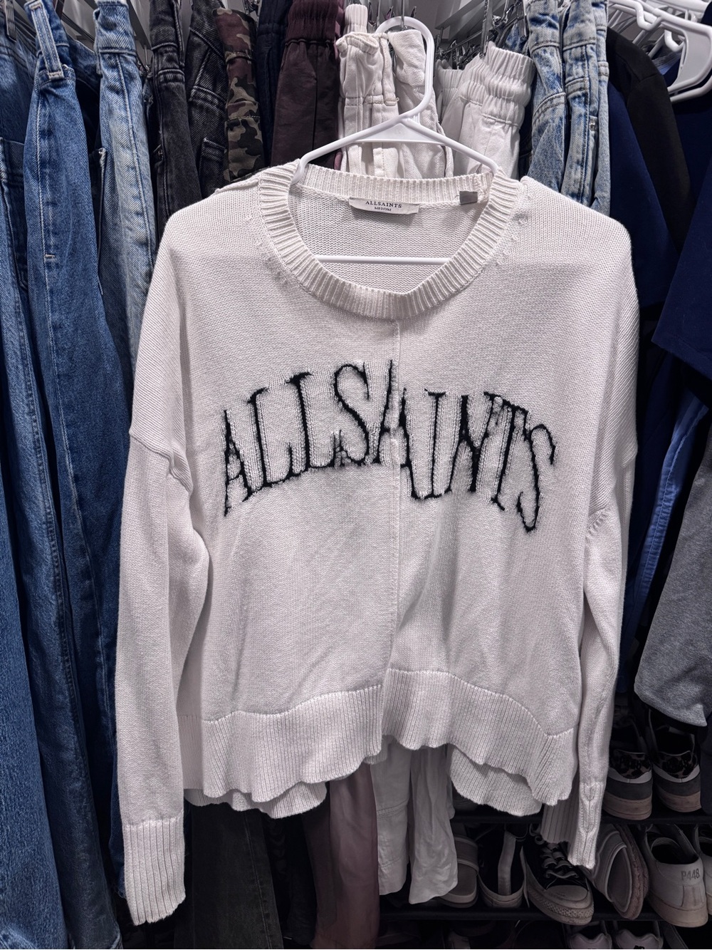 AllSaints White Sweater with Black Logo